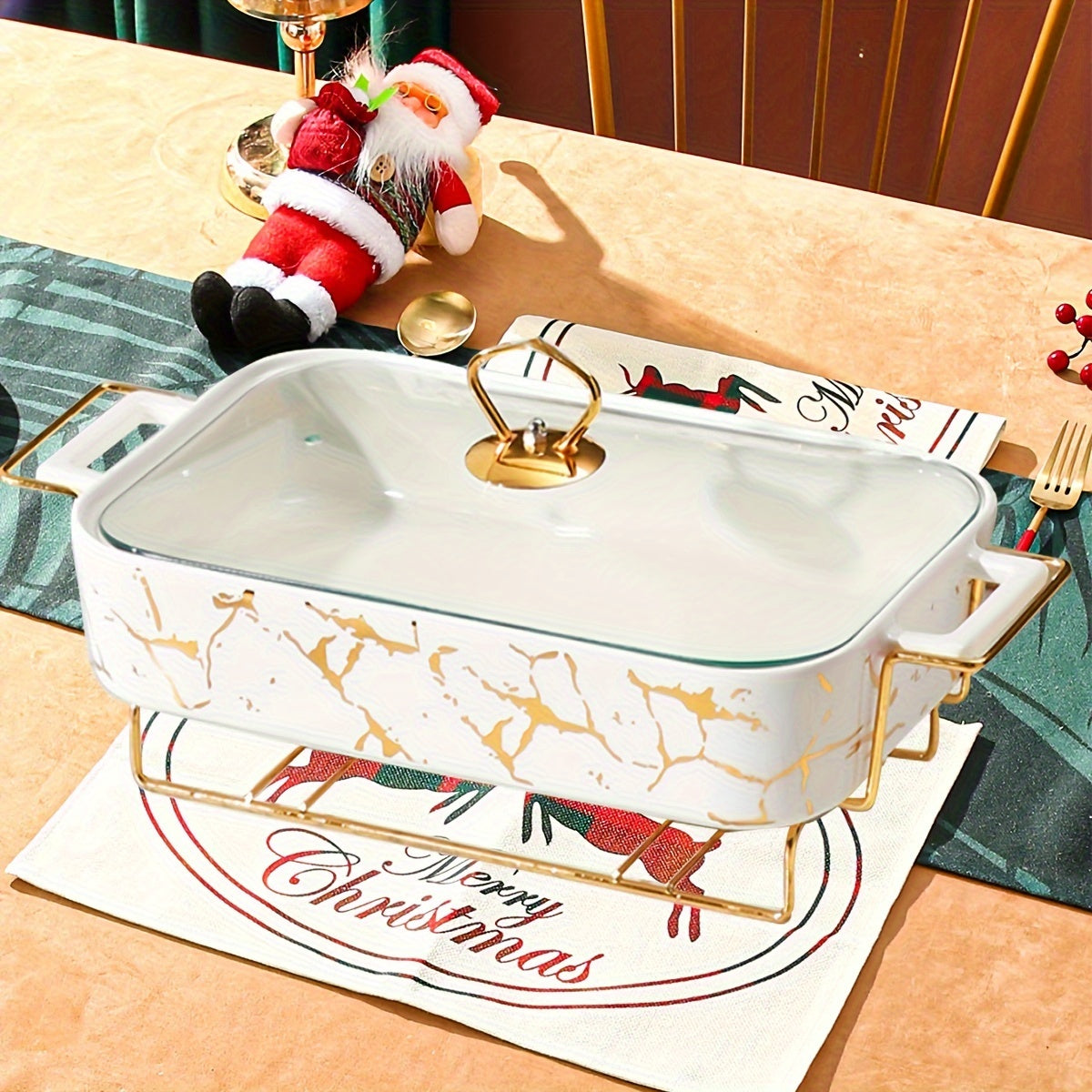 Festive Ceramic Dinnerware Set for Christmas with Soup and Griddle Pots Serving Plates