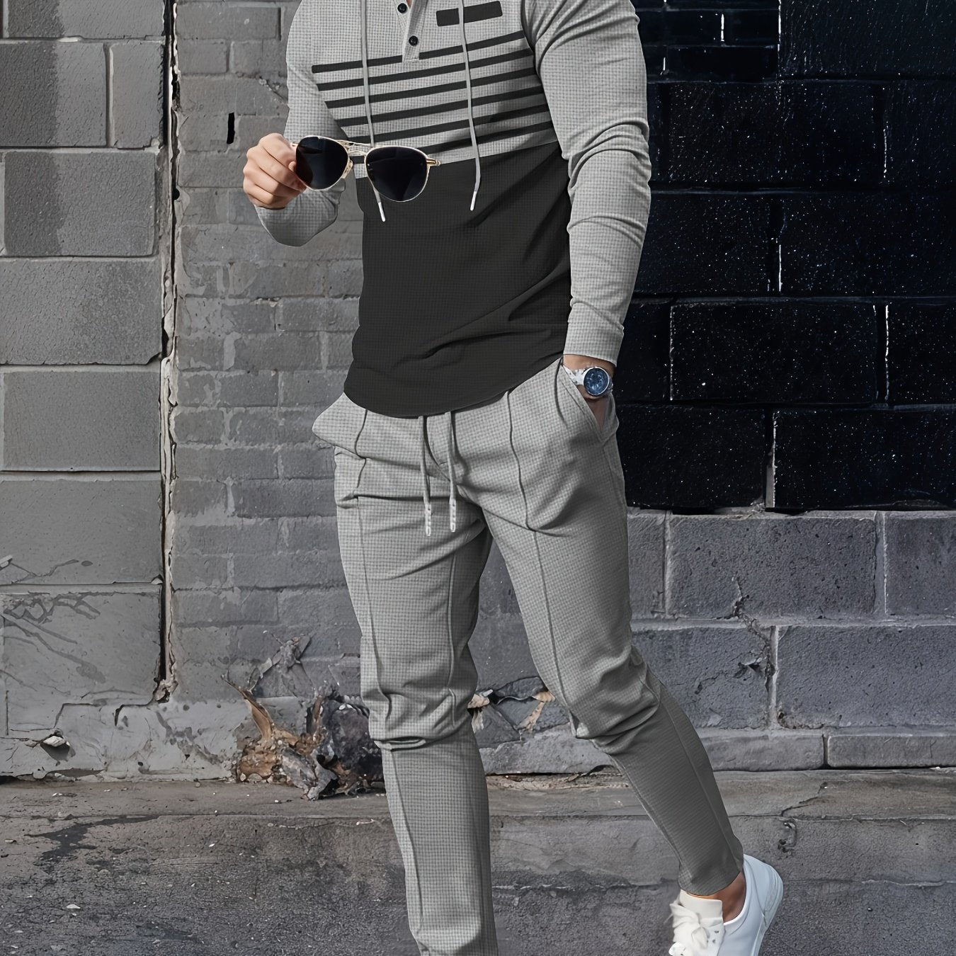 Autumn Waffle Striped Hooded Tracksuit Set for Outdoor Sports and Casual Wear