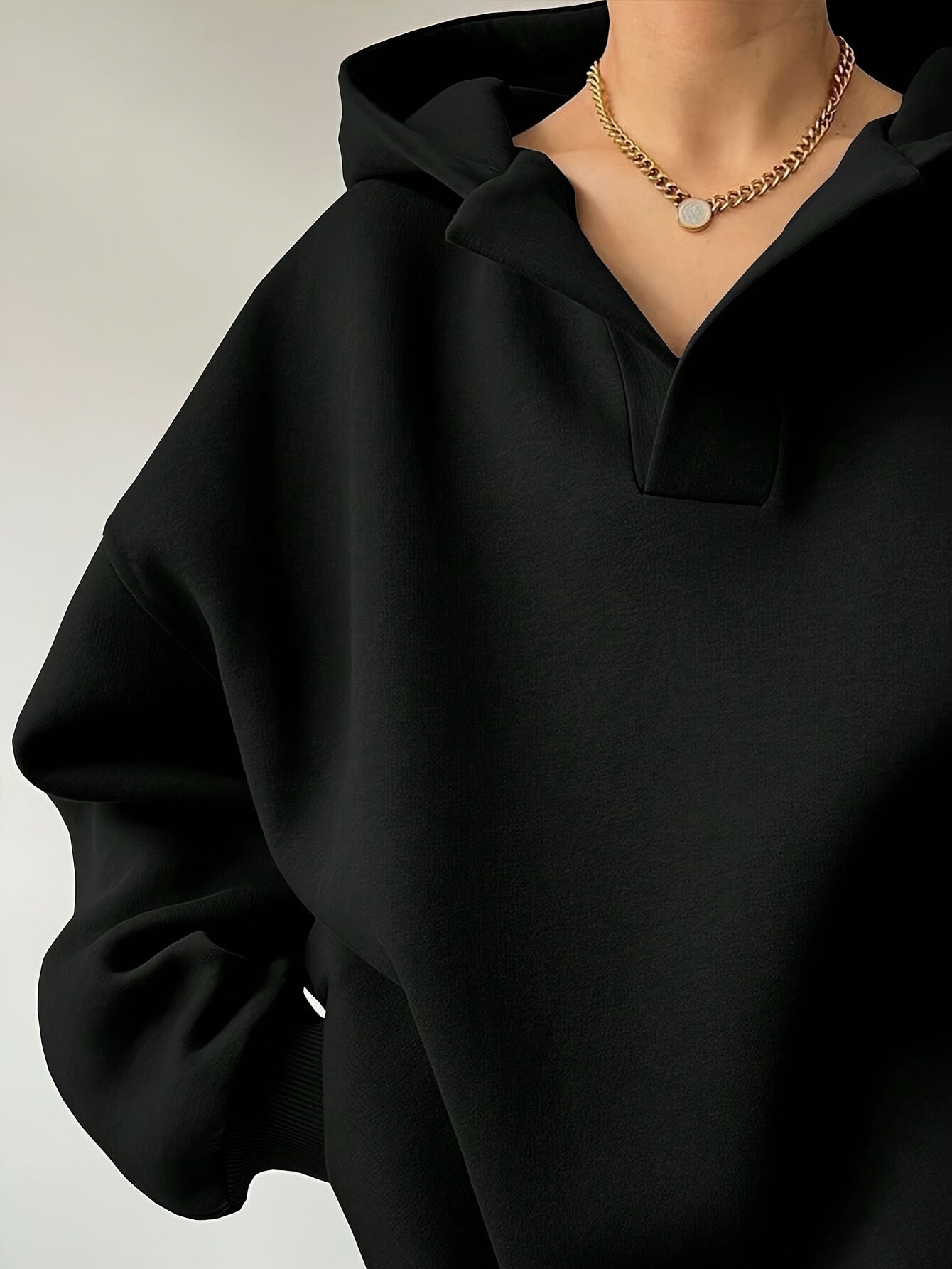 Women's Black Hooded Sweatshirt Semi-Open Casual Fall Winter Pullover
