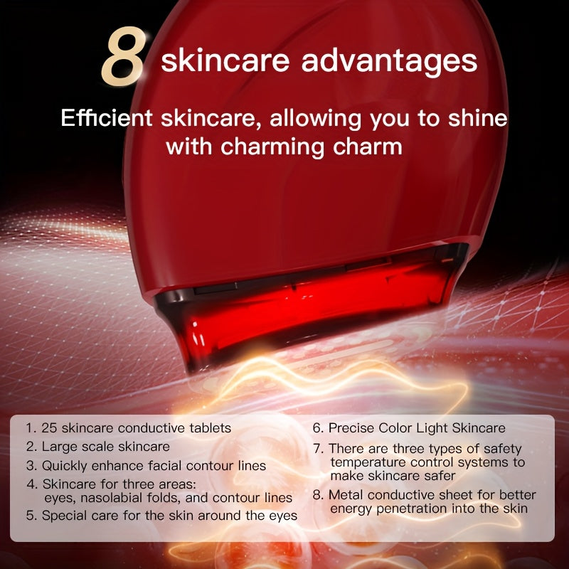 Qizil qo'l uskunasi, 3 ta teri parvarishi rejimi, USB orqali zaryadlanadigan, ergonomik dizayn, rangli yorug'lik bilan dam olish, uyda foydalanish, och bej parvarish aksessuarlari.