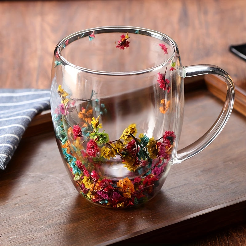 Double-Walled Glass Mug 11.83oz with Dried Flowers for Coffee Tea Juice