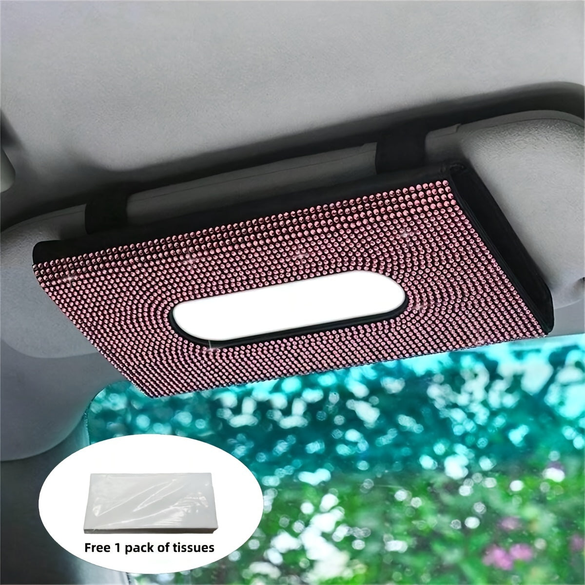 Car Tissue Box with Glitter Rhinestones and PU Leather for Car Sun Visor Storage
