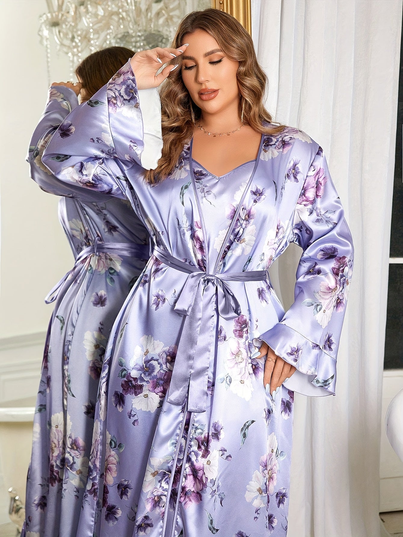 Plus Size Floral Print Nightgown and Pajama Set for Women with Suspenders