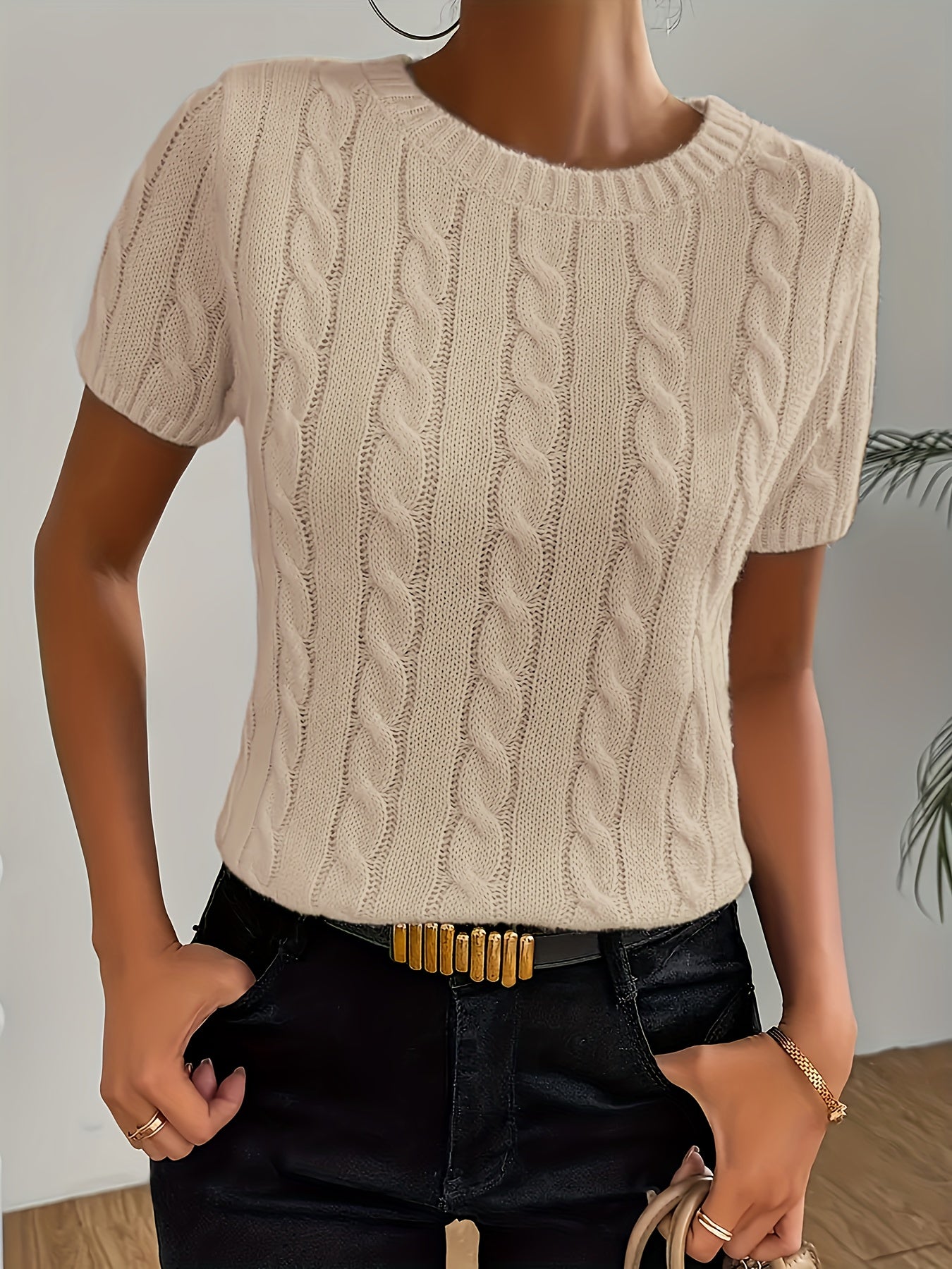 Women's Sweater Thick Round Neck Short Sleeve Solid Color Spring Summer Casual Top