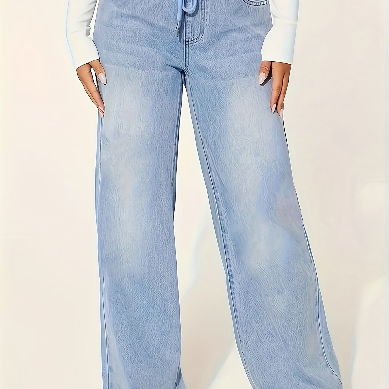 Blue Denim Wide Leg Jeans with Drawstring Waist for Casual Fall Style