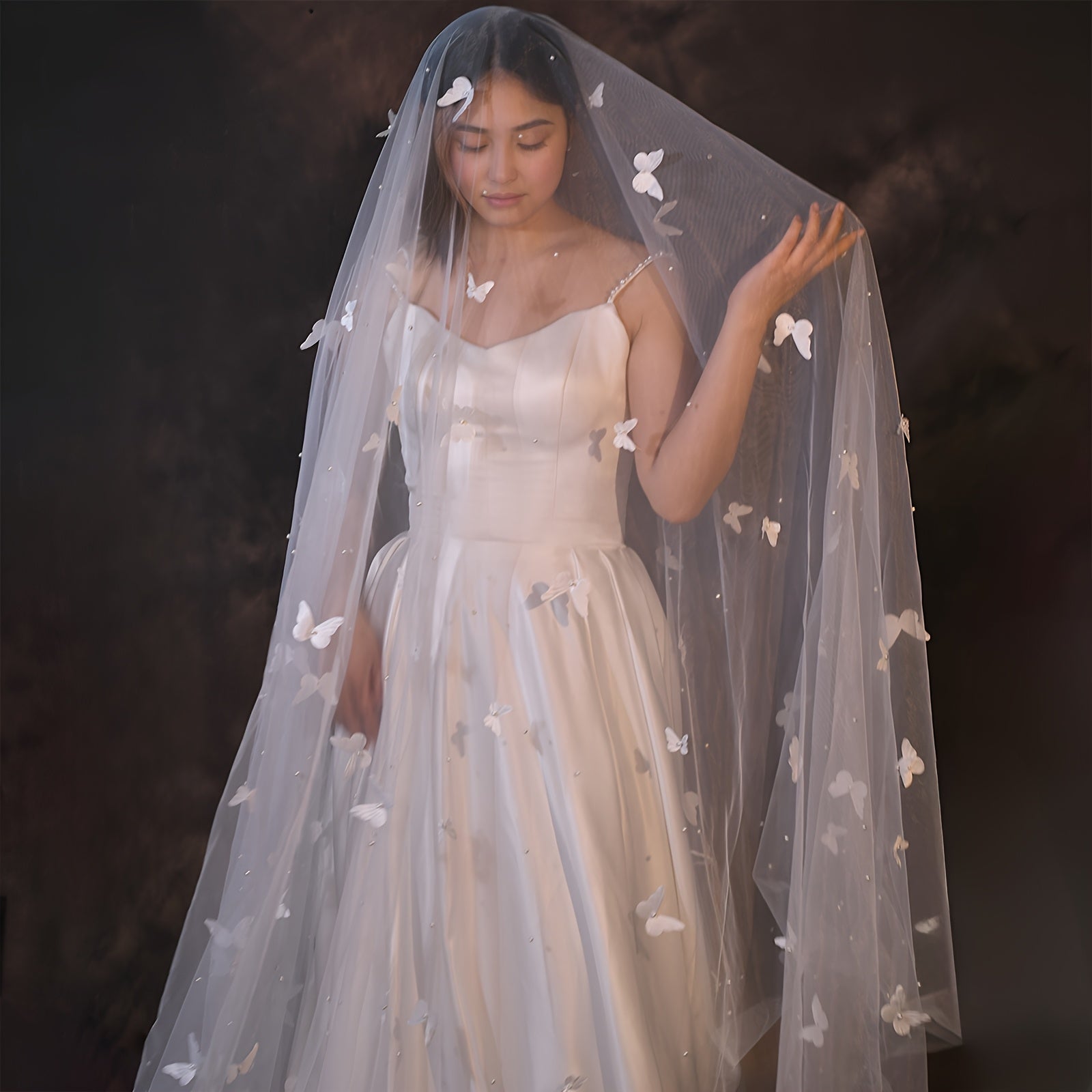 Wedding Veil Beaded Butterfly Cathedral Length Nylon Bridal Accessory