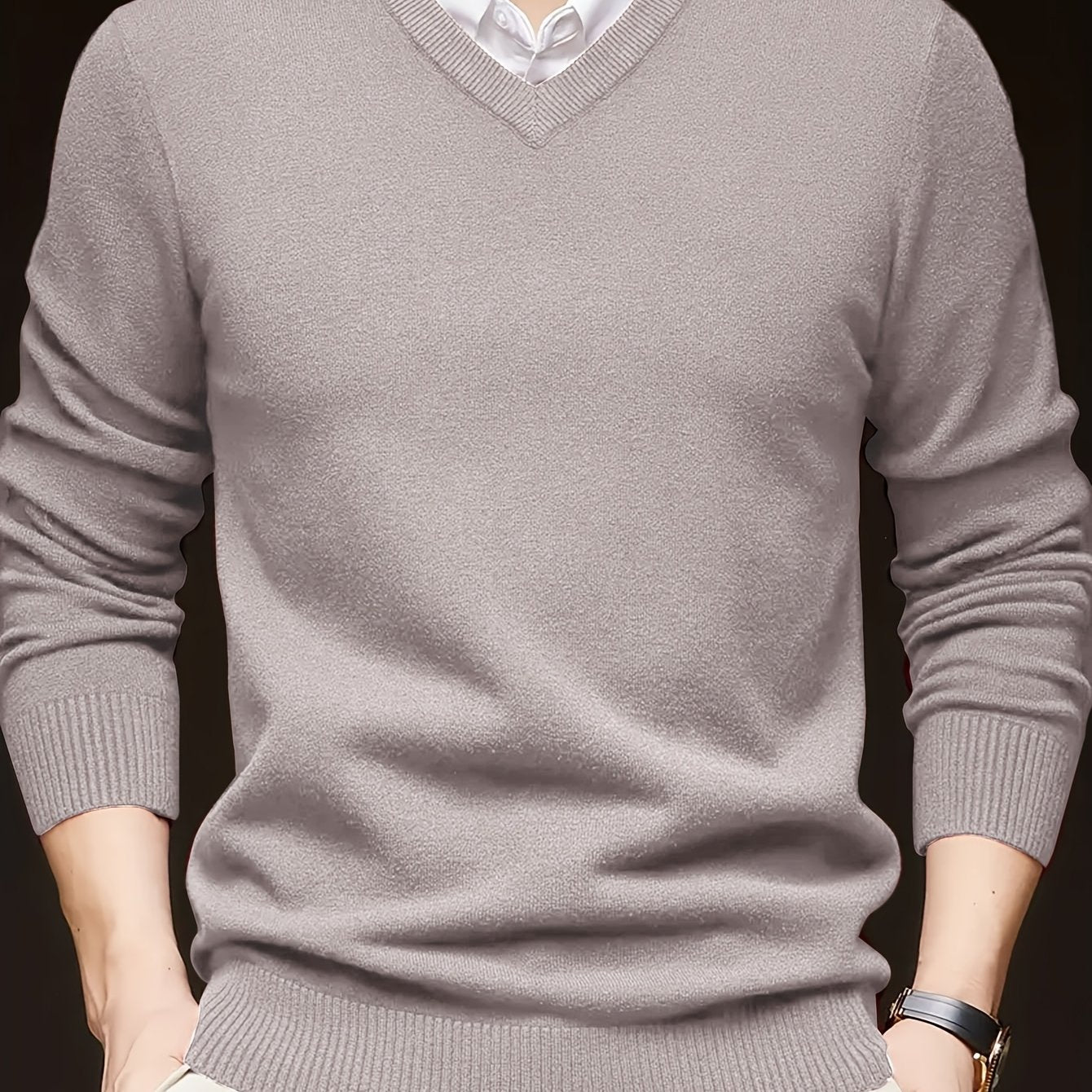 Men's Solid Color V-Neck Knit Sweater Long Sleeve Casual Pullover
