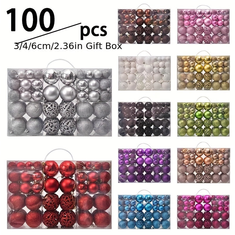 100-Piece Shatterproof Plastic Christmas Ball Ornaments Set in Gift Box