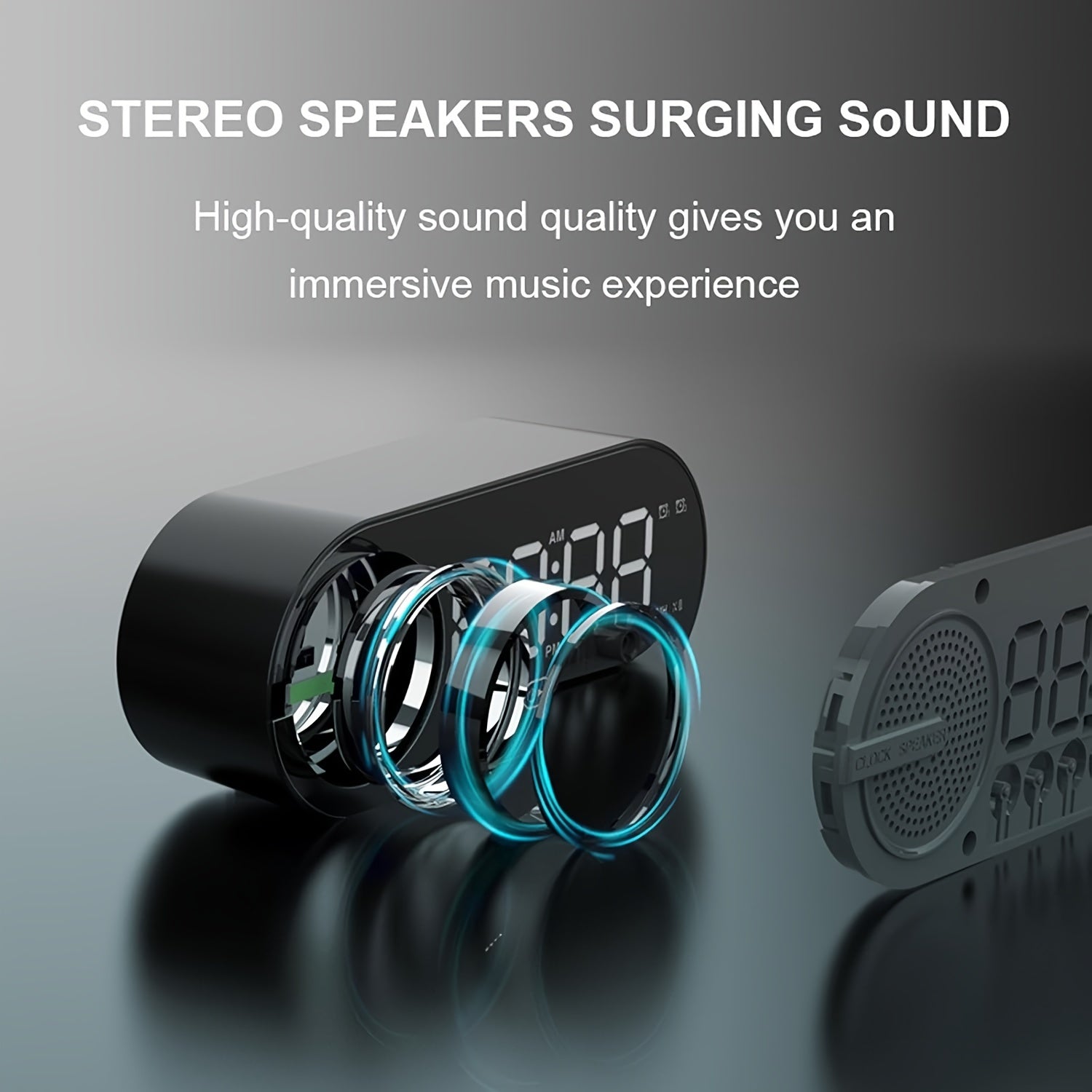 Беспроводная колонка с LED-зеркальным дисплеем, будильником, ярким атмосферным освещением, мощным басом, FM-радио, зарядкой через USB, одним динамиком, не водонепроницаемая, с перезаряжаемой батареей.