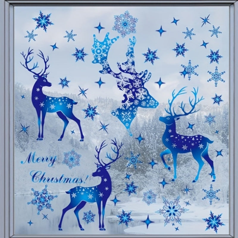 Christmas Window Decorations Set 5 Pieces Blue Snowflake and Deer Stickers Removable