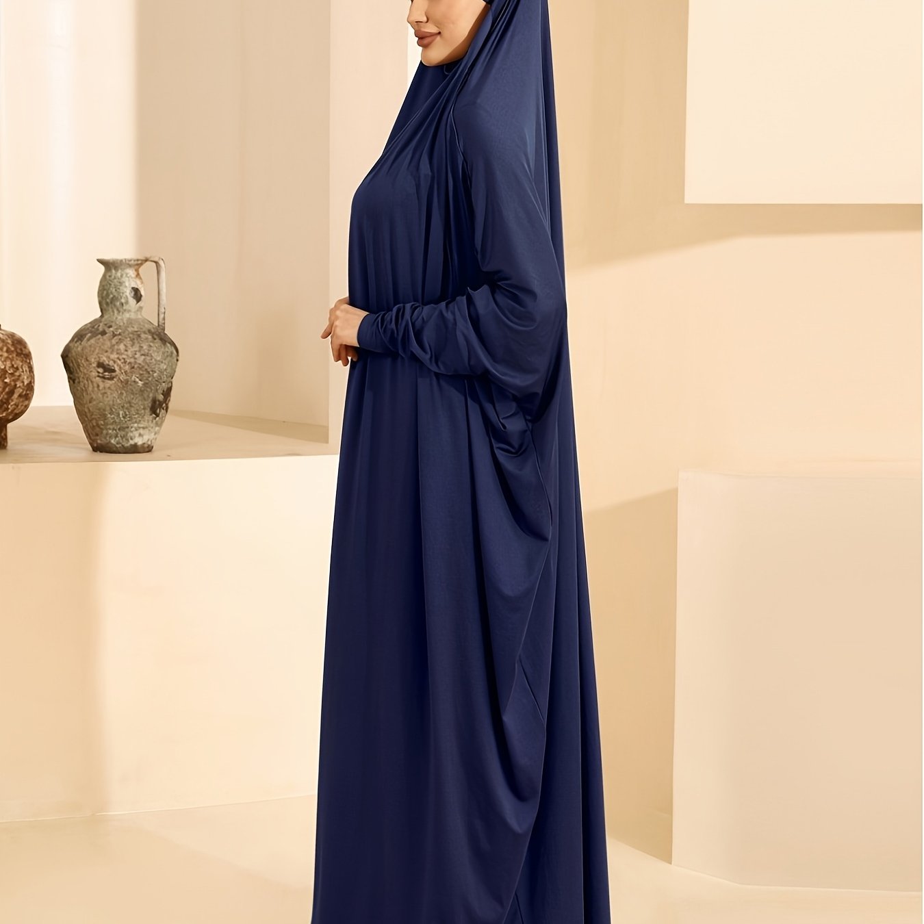 Plus Size Women Jersey Ramadan Abaya Batwing Sleeve Solid Color Islamic Dress