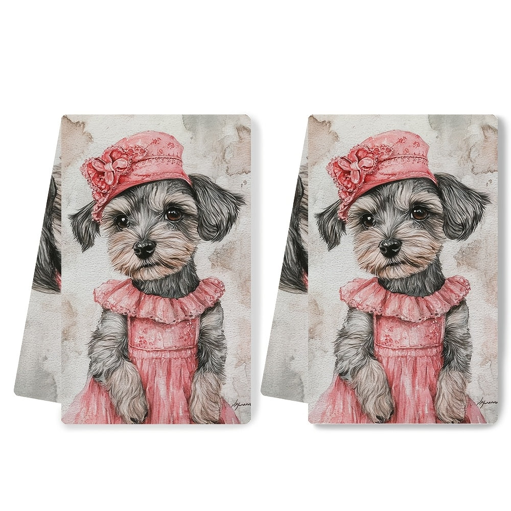 Set Of 2 Ultra-Soft Kitchen Towels With Schnauzer Puppy Design 40x60cm