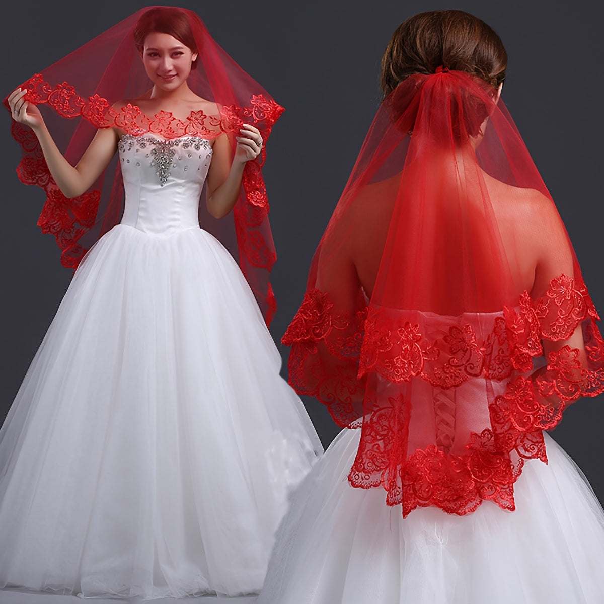 Red Bridal Veil with Lace Detail and Long Train for Weddings