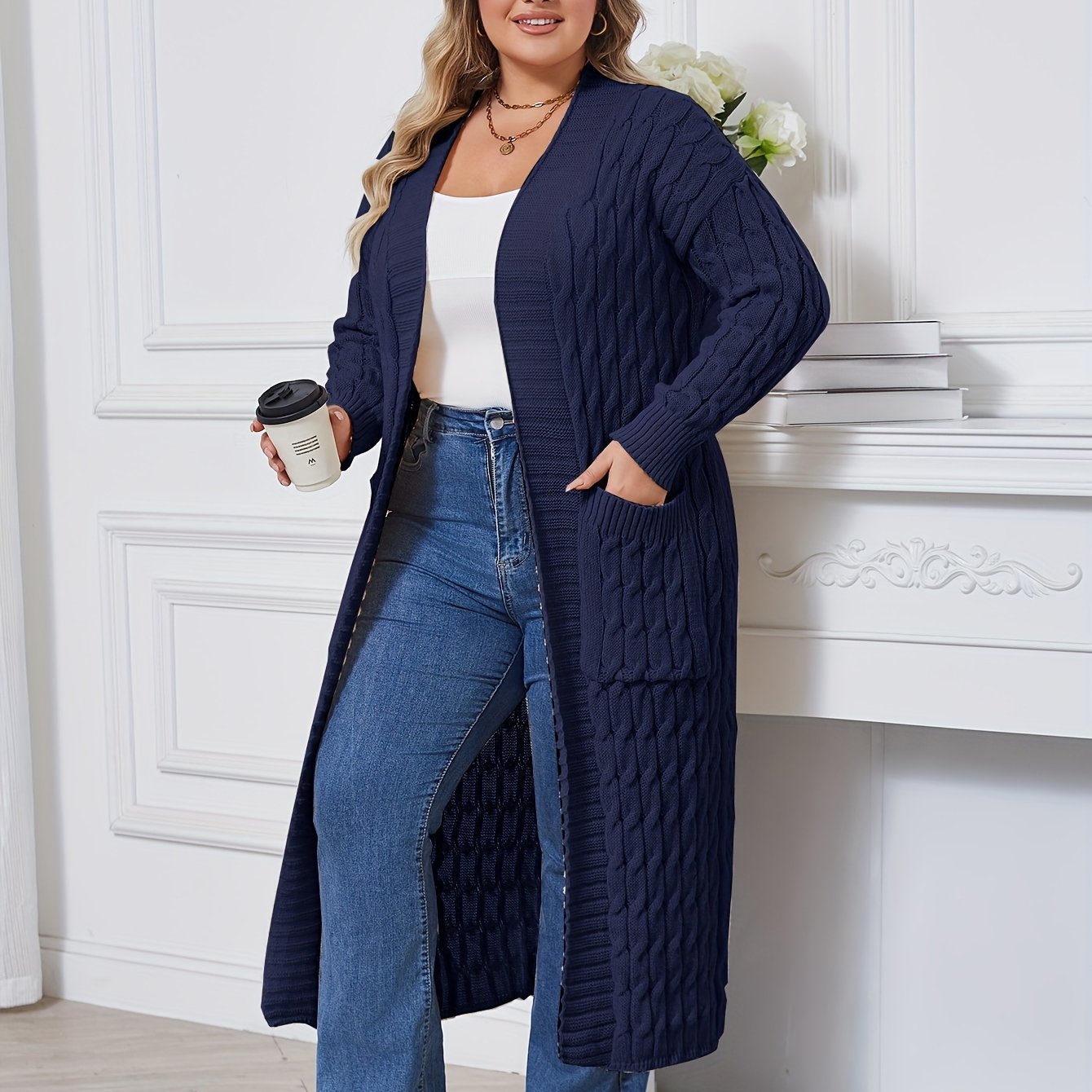 Plus Size Open Front Cardigan with Pockets Long Sleeves Women's Casual Winter Knit Polyester