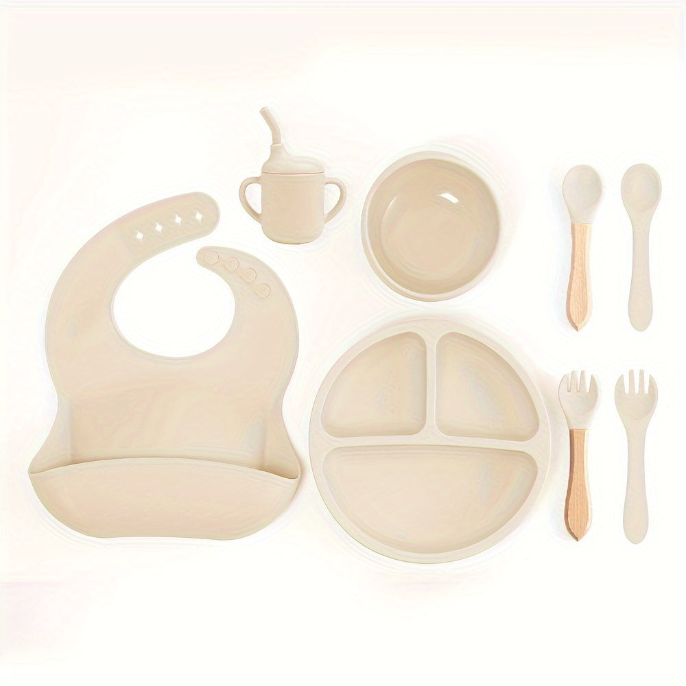 8-Piece Silicone Toddler Feeding Set Non-Toxic BPA-Free Suction Plates Bibs Straw Cups Utensils