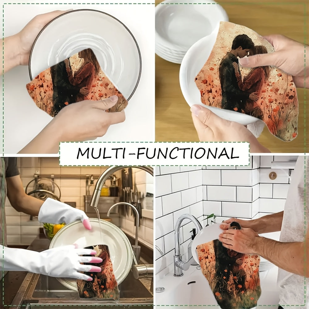 Pair of 2 Soft Watercolor Kitchen Towels, Absorbent, 16x24 Inches