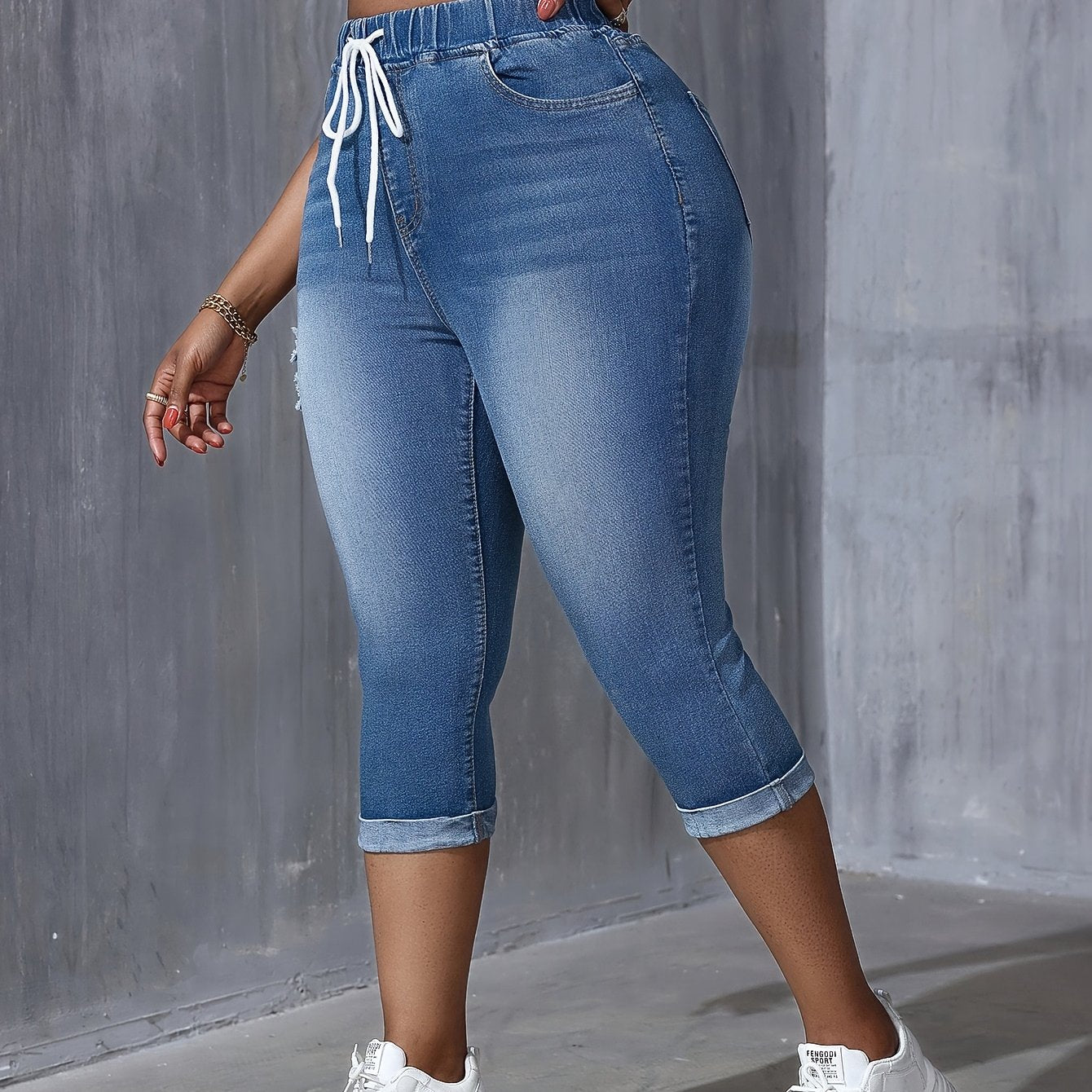 Women Plus Size Stretch Denim Capris with Drawstring Waist Light Blue
