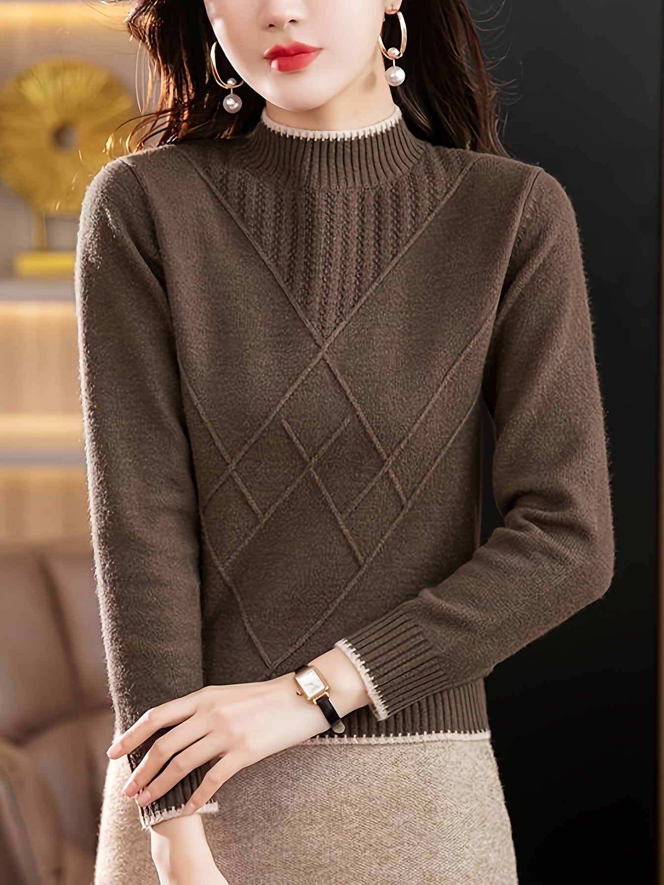 Plus o'lcham kontrastli chekka bilan pullover sviter uzun qolli turtleneck kuz qish ayollar uchun