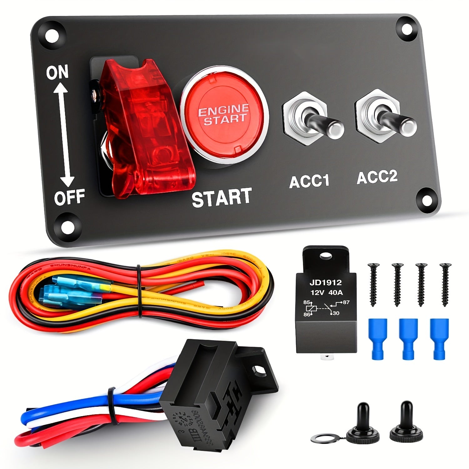 12V Push Start Ignition Kit with Red Button, Relay Harness, Aluminum For RVs Trucks Boats