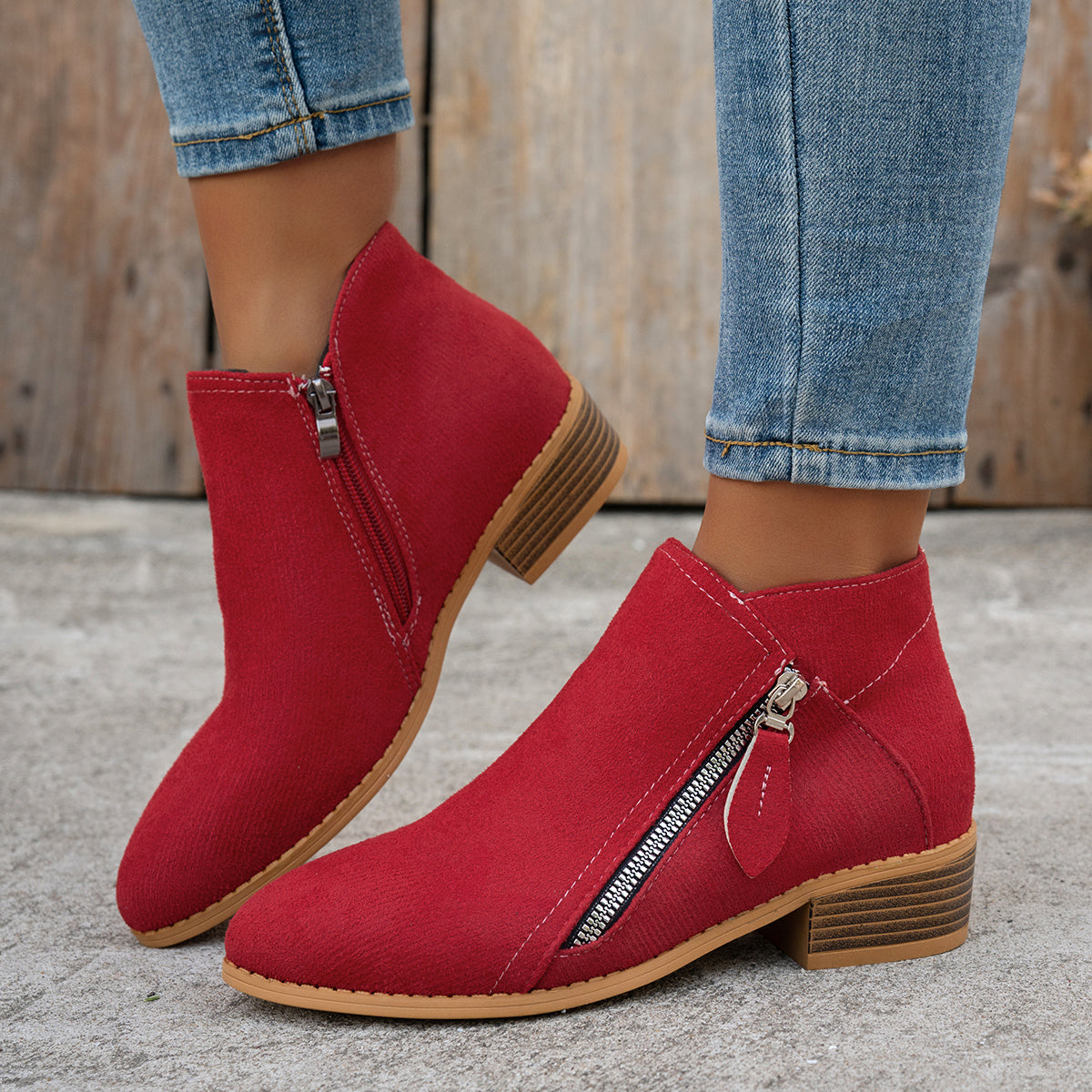 Women's Fashion Ankle Boots Solid Color Mid Heel Casual Slip-Ons