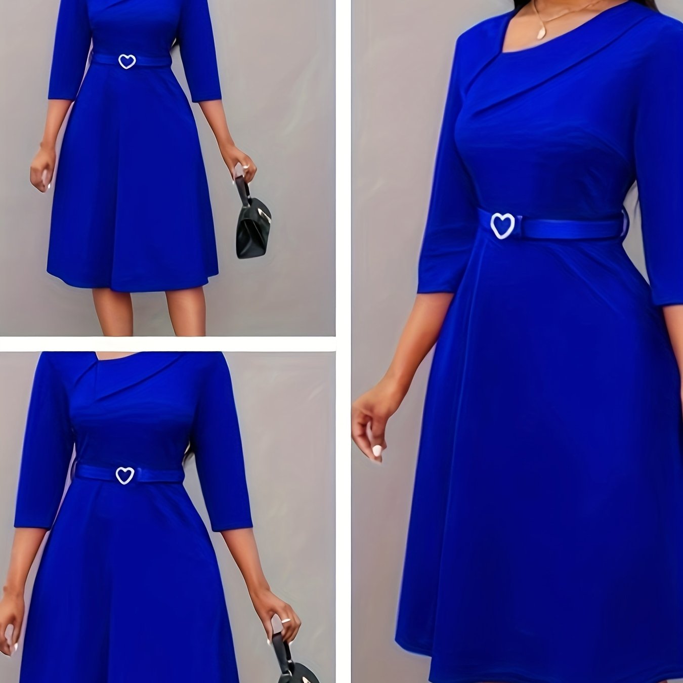 Women’s Navy Blue Pleated Maxi Dress with Belt and Asymmetrical Neckline