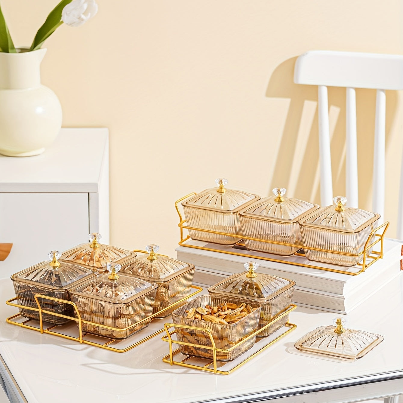 Amber Gold-T trimmed Serving Set for Dried Fruit and Nuts with Beaded Decorations