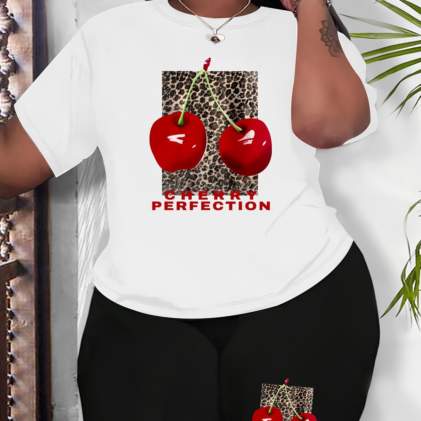 Plus Size Women Cherry Print Casual Outfit Shorts Set Summer Spring Fabric