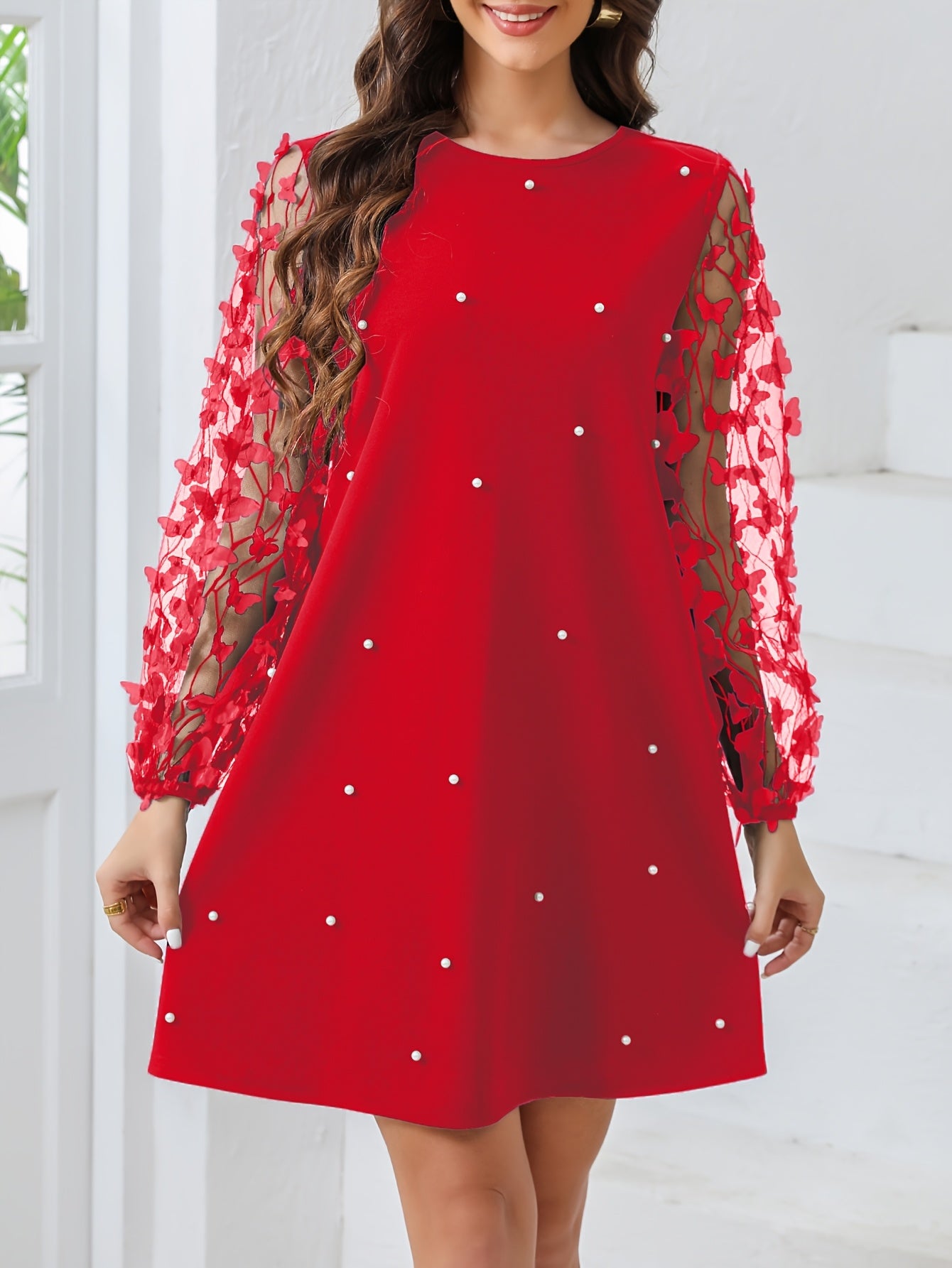 Women's Plus Size Mesh Patchwork Faux Pearl Dress