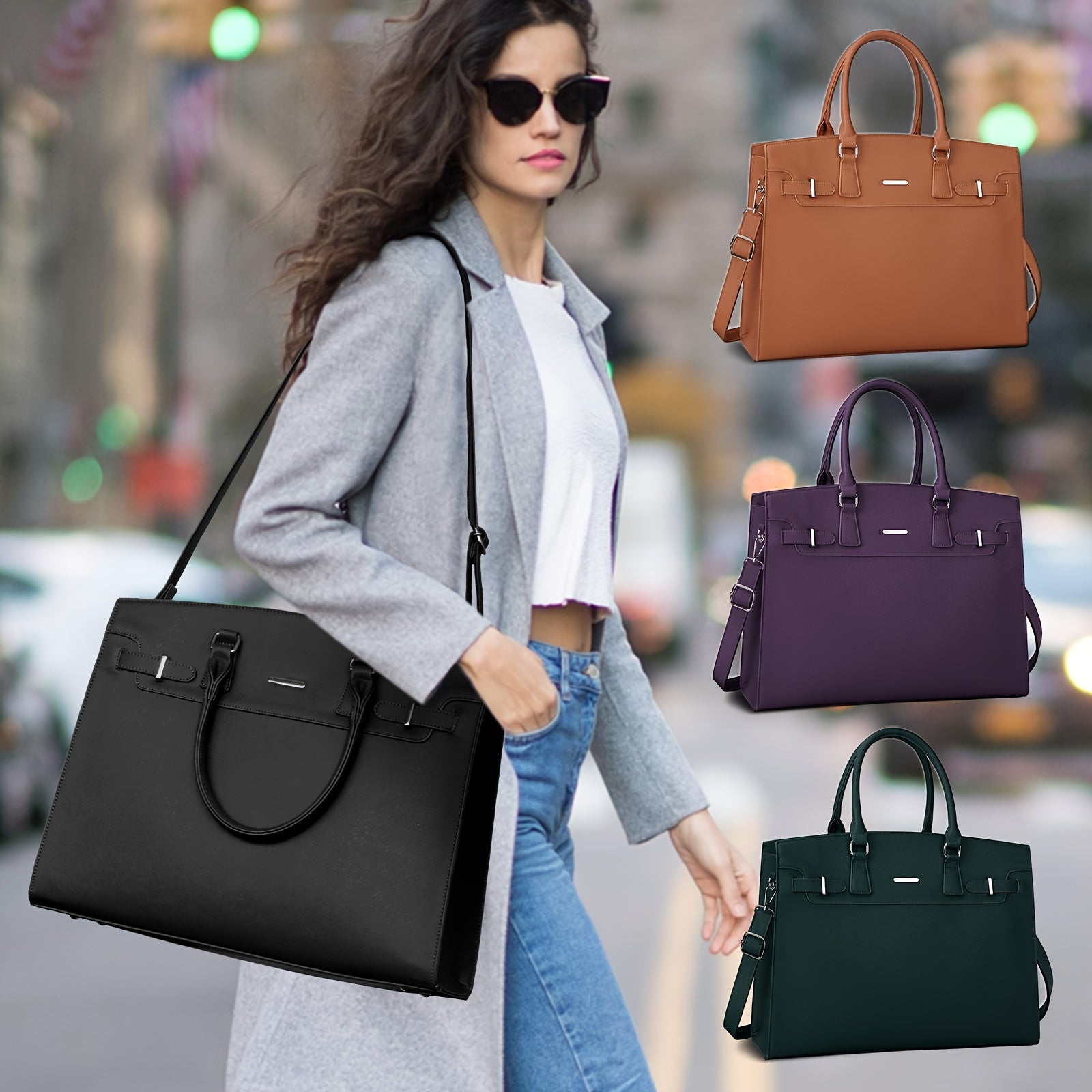 Women's Waterproof Faux Leather Laptop Briefcase with Adjustable Strap Black