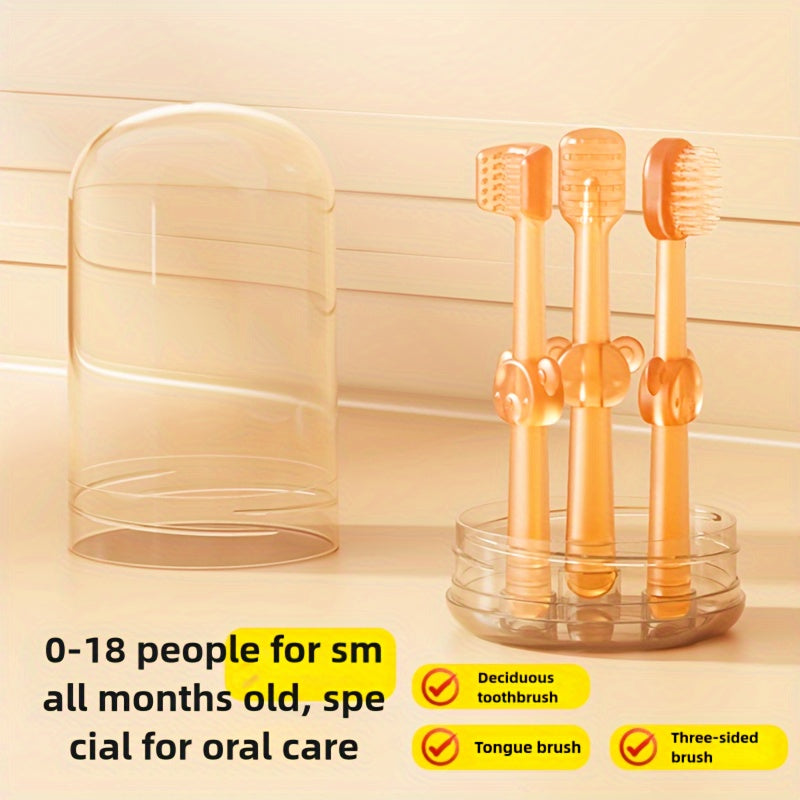 Baby Oral Care Set 3-Piece Silicone Toothbrush Collection for Infants and Toddlers Soft Deciduous Tongue U-Shaped Bear Design