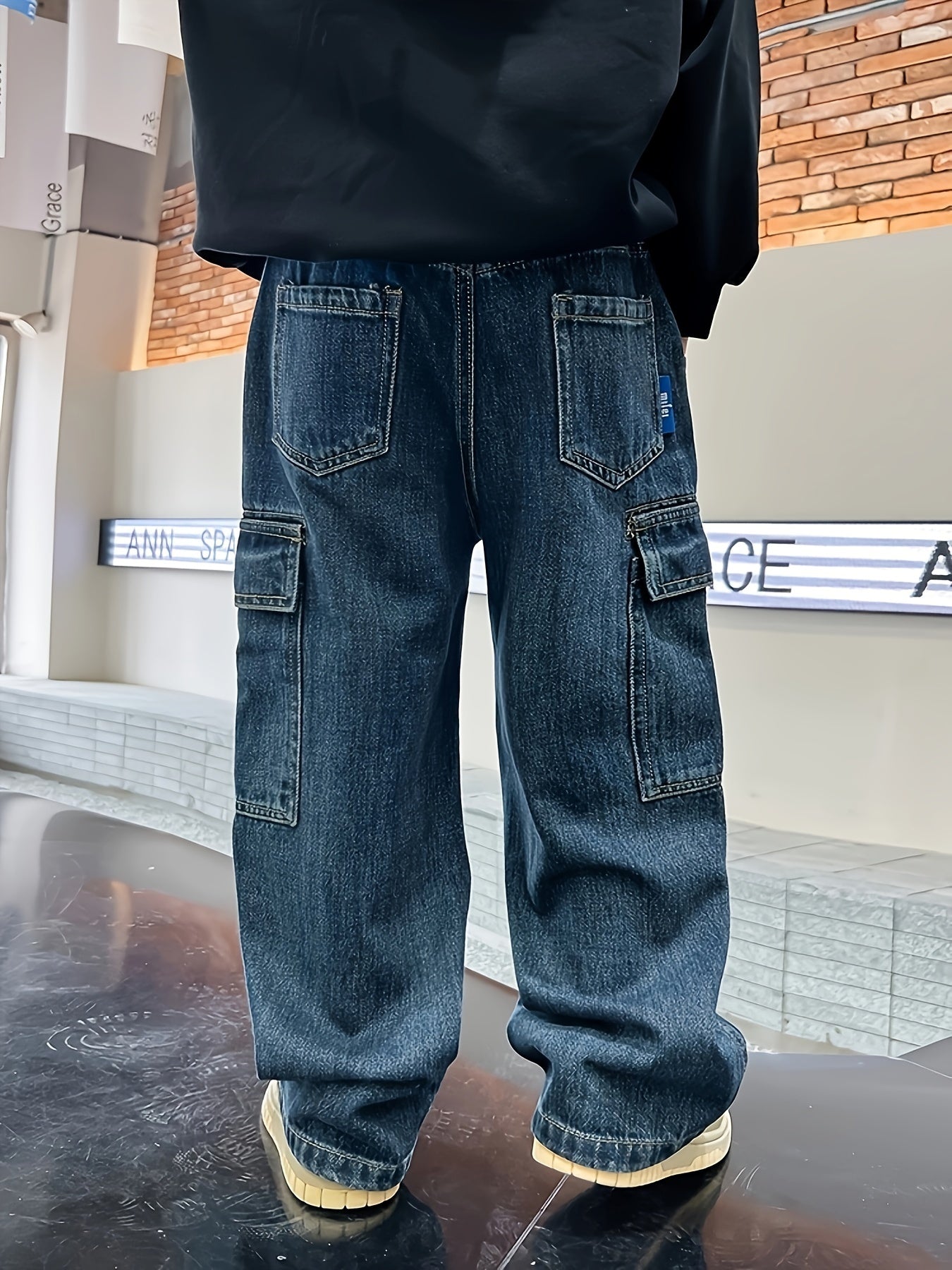 Teen Boys Cargo Pants with Elastic Waist Denim Long Length Casual Streetwear