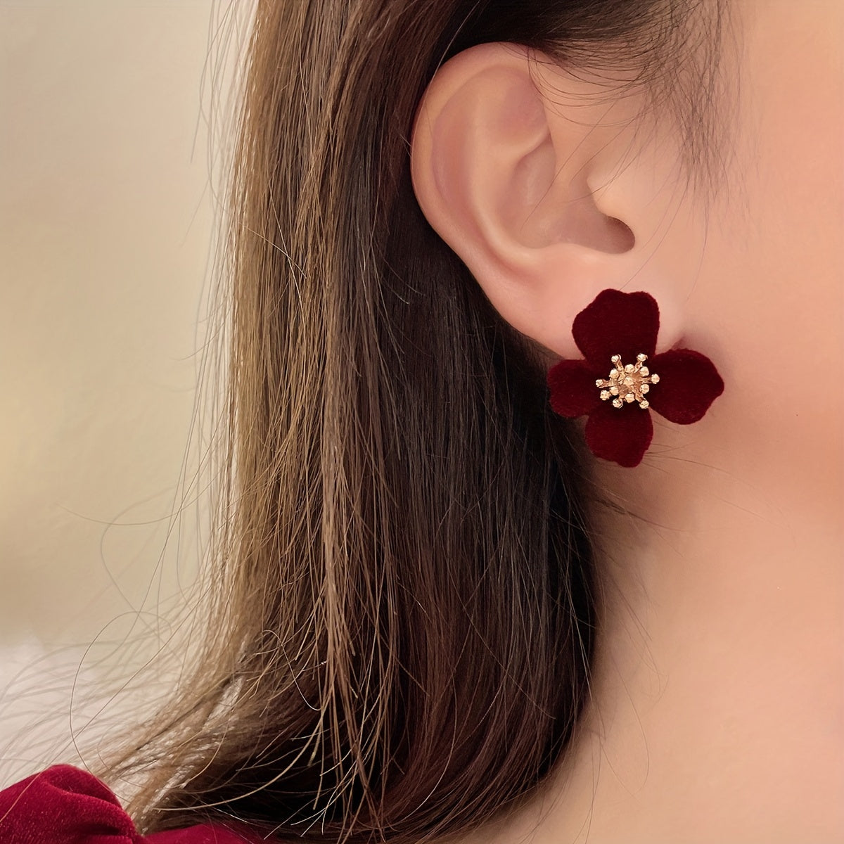 Women's Velvet Flower Earrings 14K Gold Plated Zinc Alloy Studs Versatile Jewelry