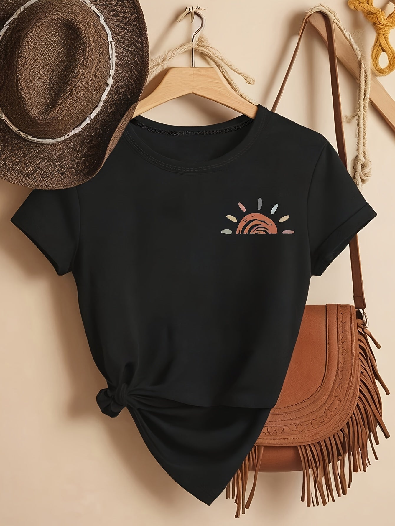 Women's Plus Size T-Shirt Short Sleeve Crew Neck Black Yellow Sunrise Casual Summer