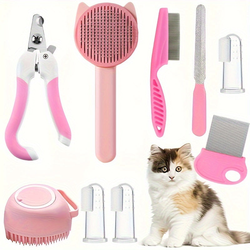 8-Piece Cat Grooming Kit with Self-Cleaning Brush Nail Clippers Combs Toothbrush Pink Silicone