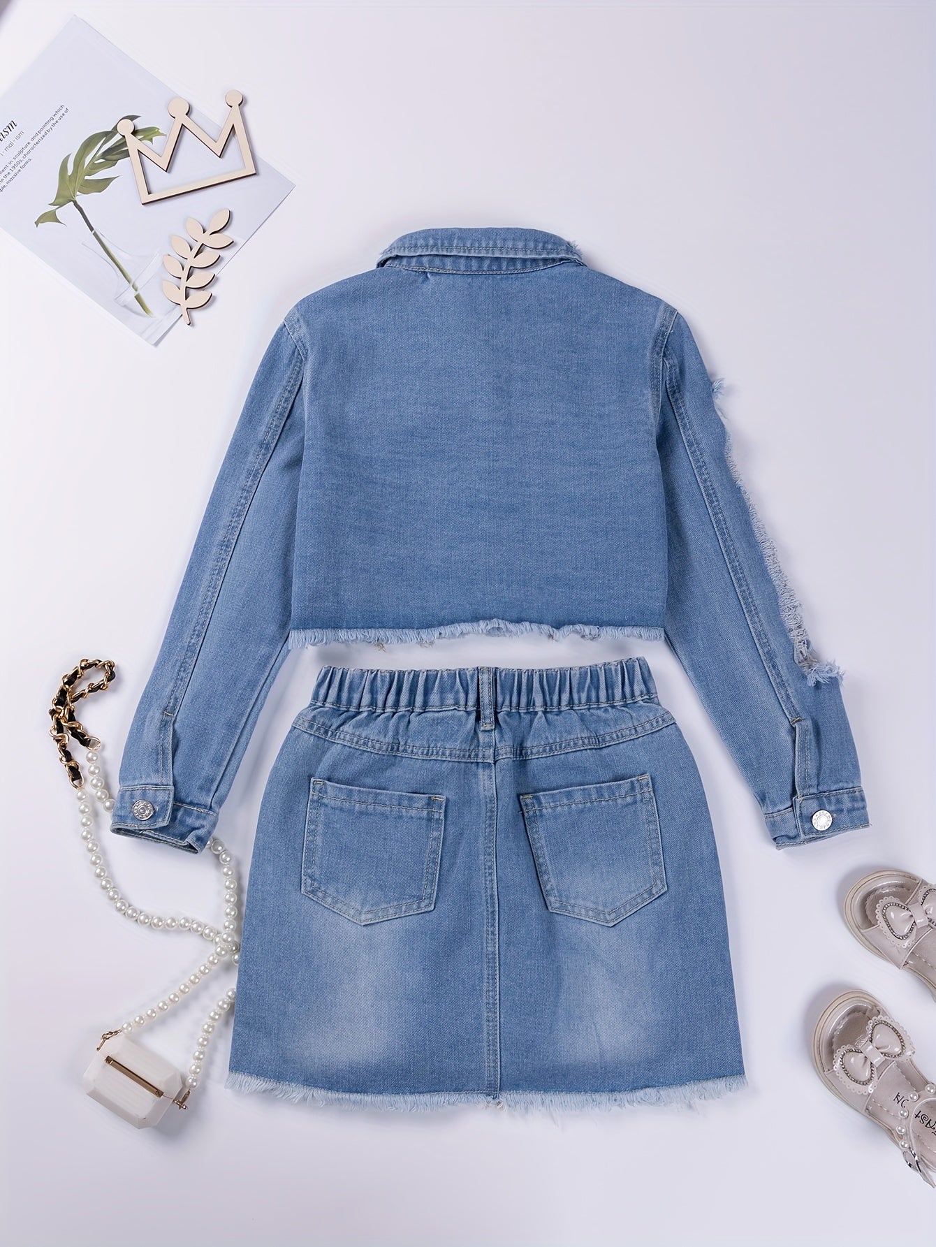 Girls Ripped Denim Set with Long-Sleeve Jacket and Skirt for Outdoor Wear