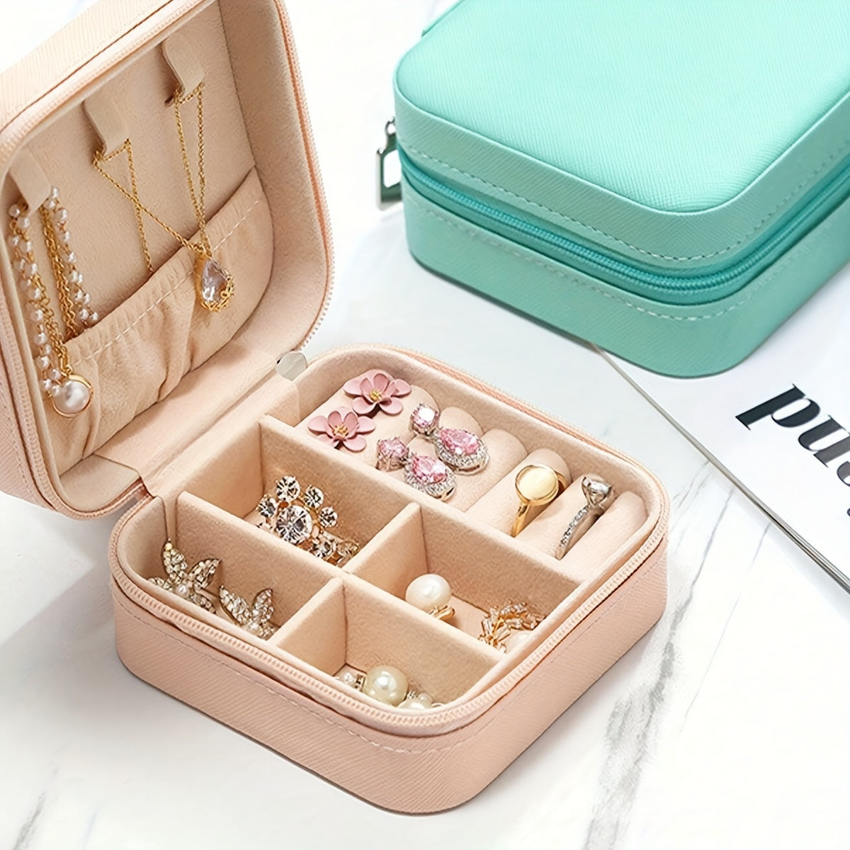Caja de almacenamiento portátil para joyas para anillos, collares y pendientes, organizador de viaje