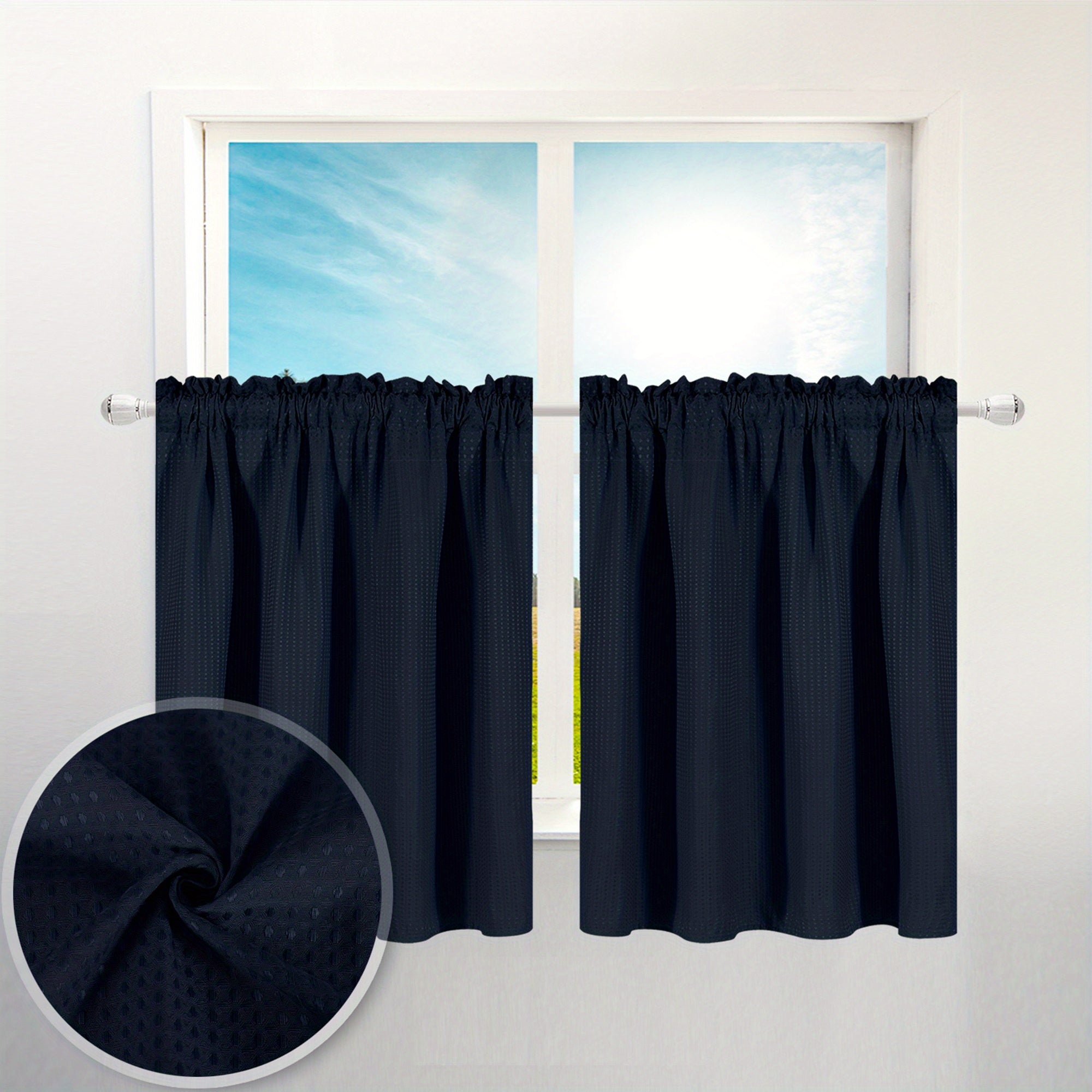 Set of 2 Waterproof Waffle Weave Half Window Curtains for Bathroom Kitchen Coffee Shop
