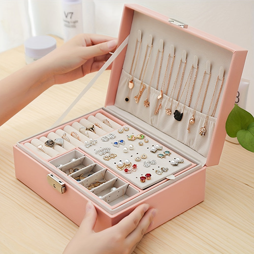 Double Layer Jewelry Organizer with Lock Faux Leather Storage for Rings Necklaces Earrings