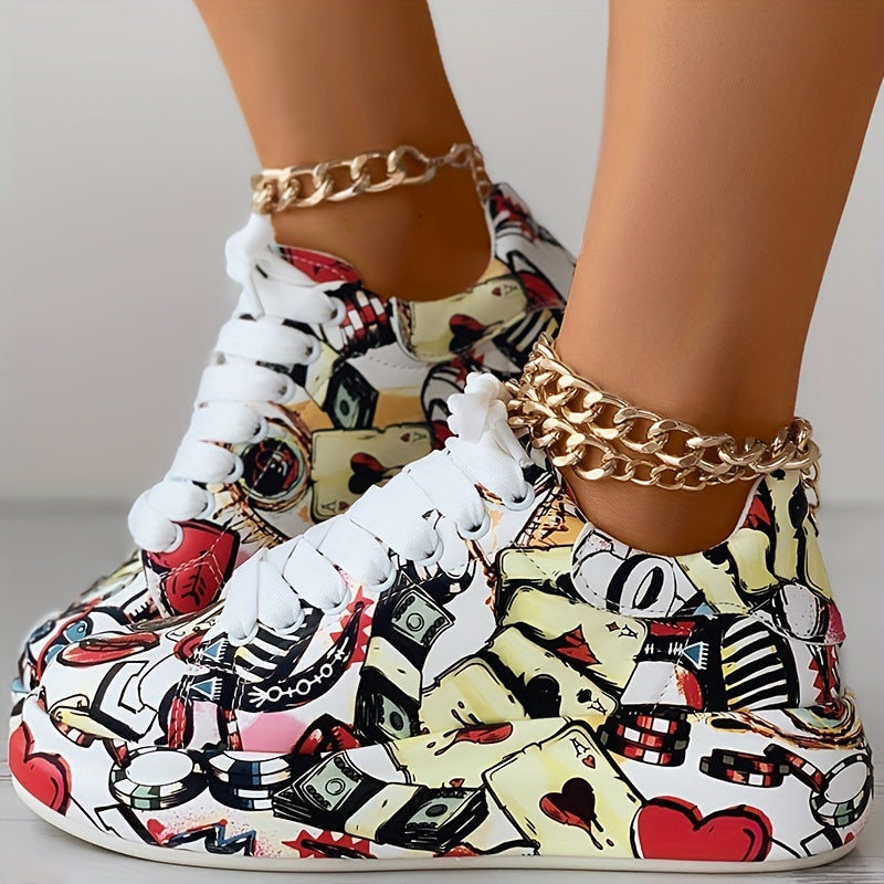Women's Graffiti Print Sports Shoes, Lace-Up Low Top Platform Sneakers