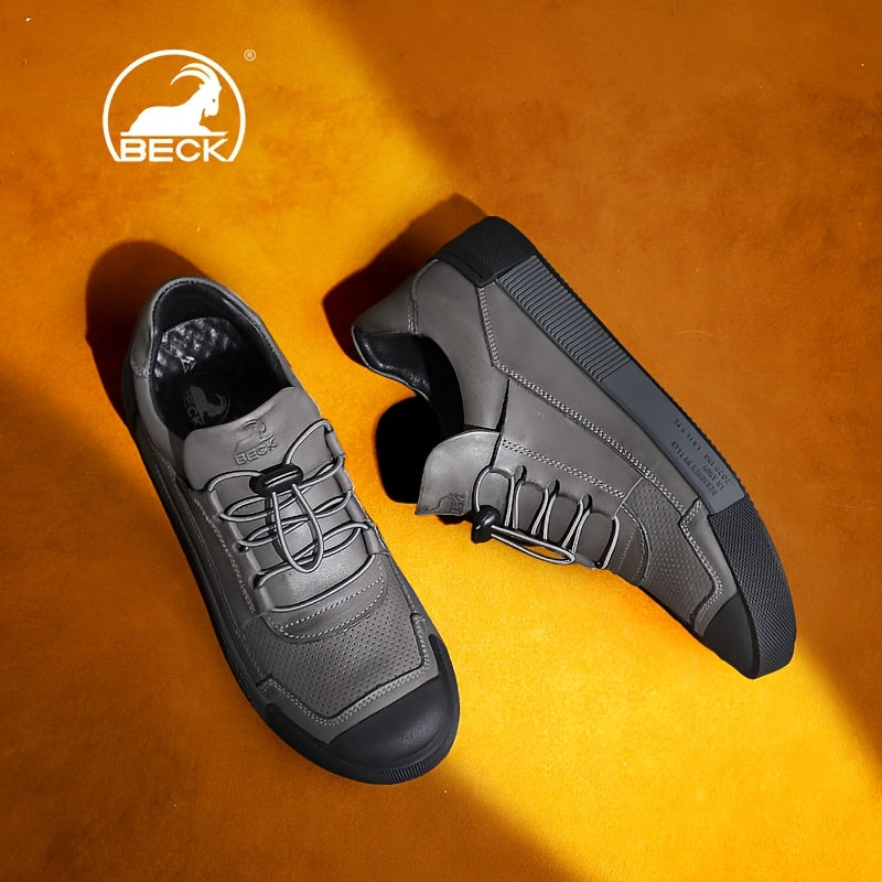 Men's Leather Sneakers with Striped Lace-Up Design, Rubber Sole, Breathable Fabric Inner