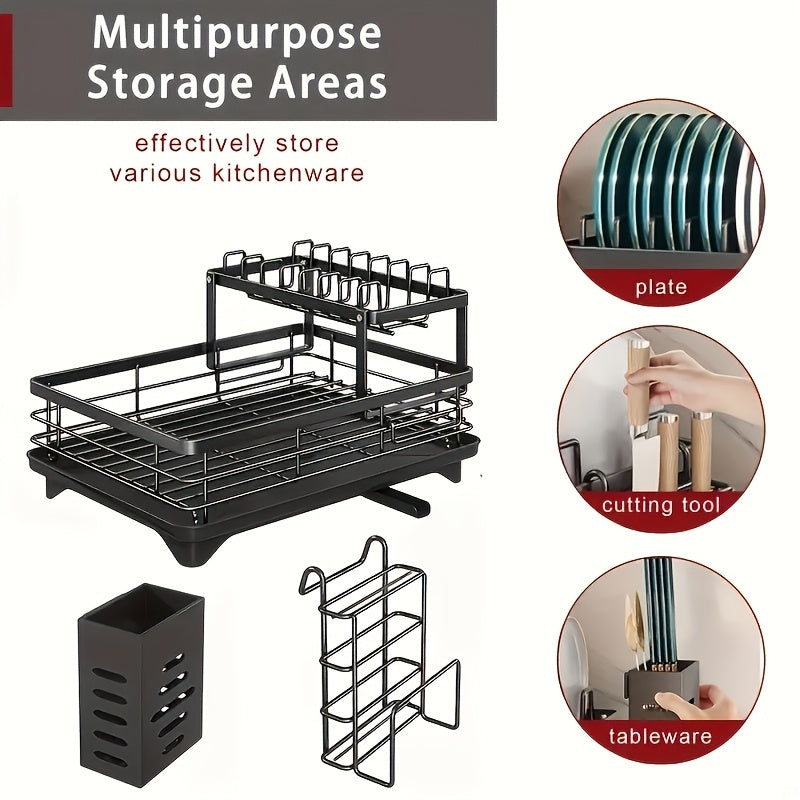 Oshxona stol uchun qora idishlarni quritish rack, idish-tovoq va kesim taxtasi uchun tutqich bilan, aylanadigan quvurlar va bardoshli qoplamaga ega.