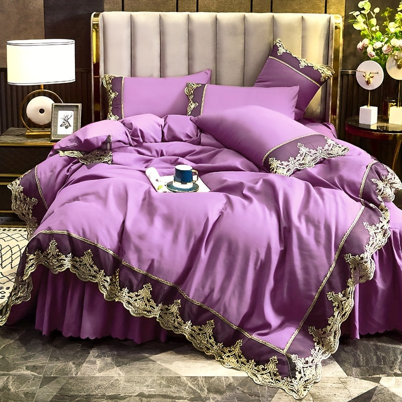 Европейский комплект постельного белья с кружевом и ворсом, 2/3 предмета, однотонное, наволочки, чехол на пуховик, моется в машине