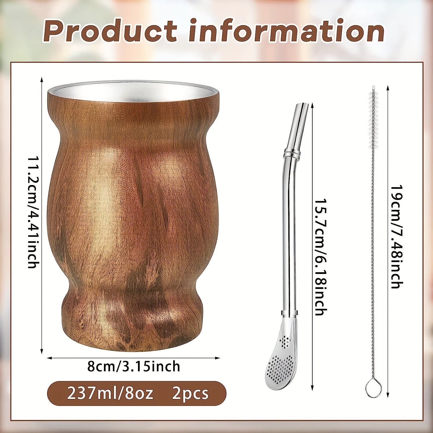 8oz Stainless Steel Yerba Mate Cup Set with Wooden Handle Double Walled Insulation