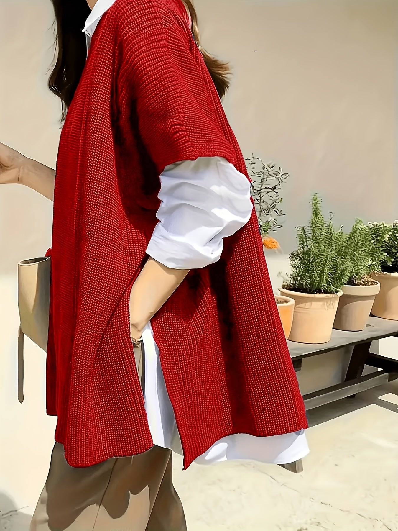 Plus Size Solid Split Hem Crew Neck Sweater for Women Fall Winter Polyester