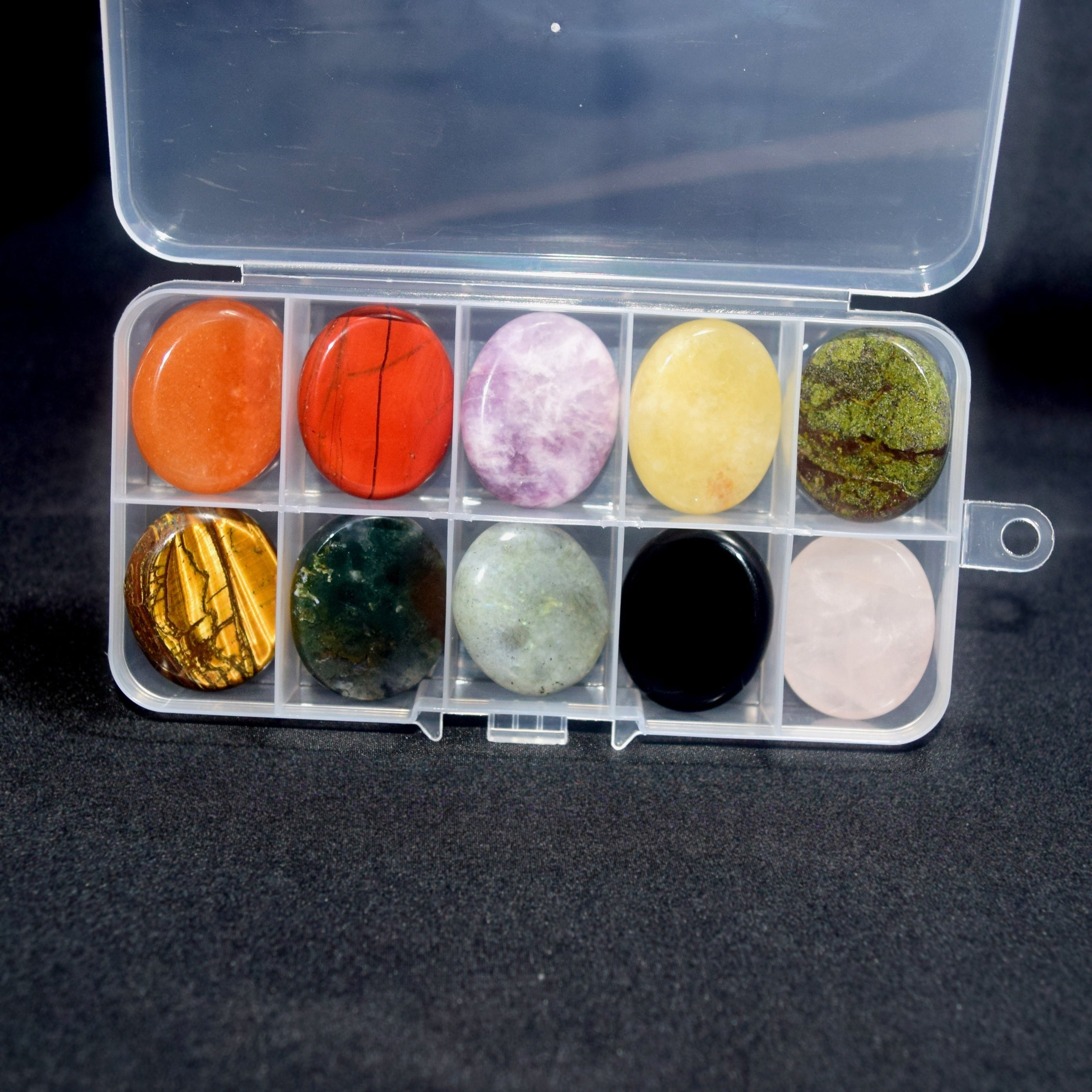 Set of 10 Natural Stone Energy Crystals with Oval Thumb Stones in Gift Box