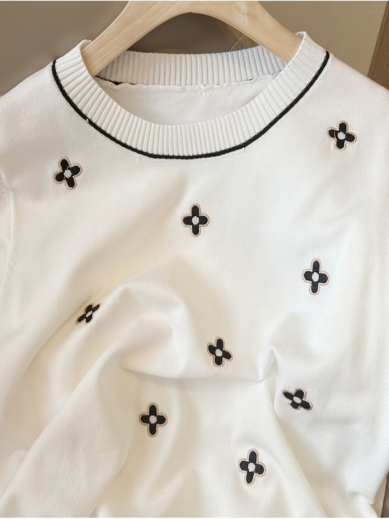 Женский свитер с цветочной вышивкой и круглым вырезом, весна-лето, повседневный, вязаный материал