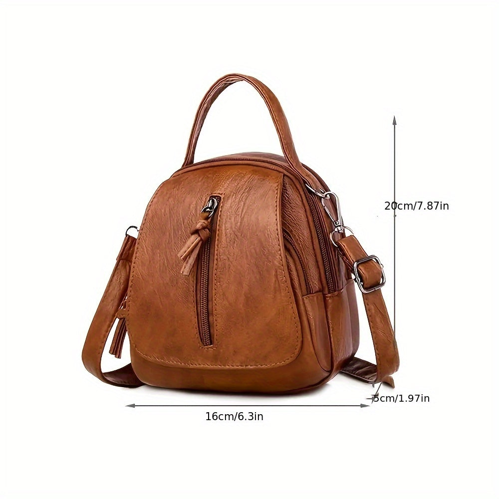 Unisex Brown PU Crossbody Bag with Zipper and Adjustable Strap