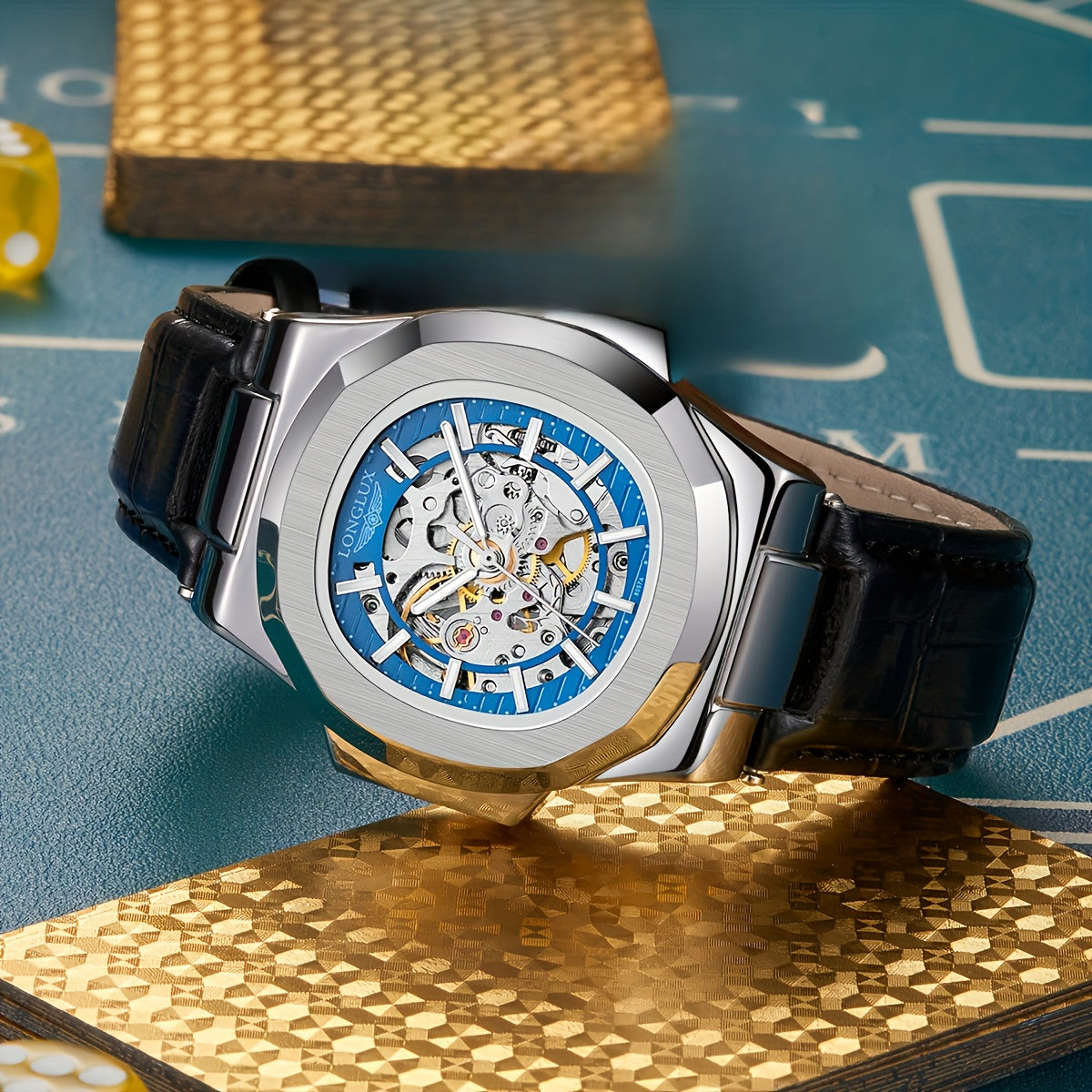 Model #8057P 4.1 sm barrel shaklidagi sun'iy charm bilaguzuk, kvadrat dial, ish va norasmiy kiyim uchun mos keladigan suv o'tkazmaydigan mexanik dizayn bilan ajralib turadi. Shuningdek, u mineral shisha yuzani o'z ichiga oladi.