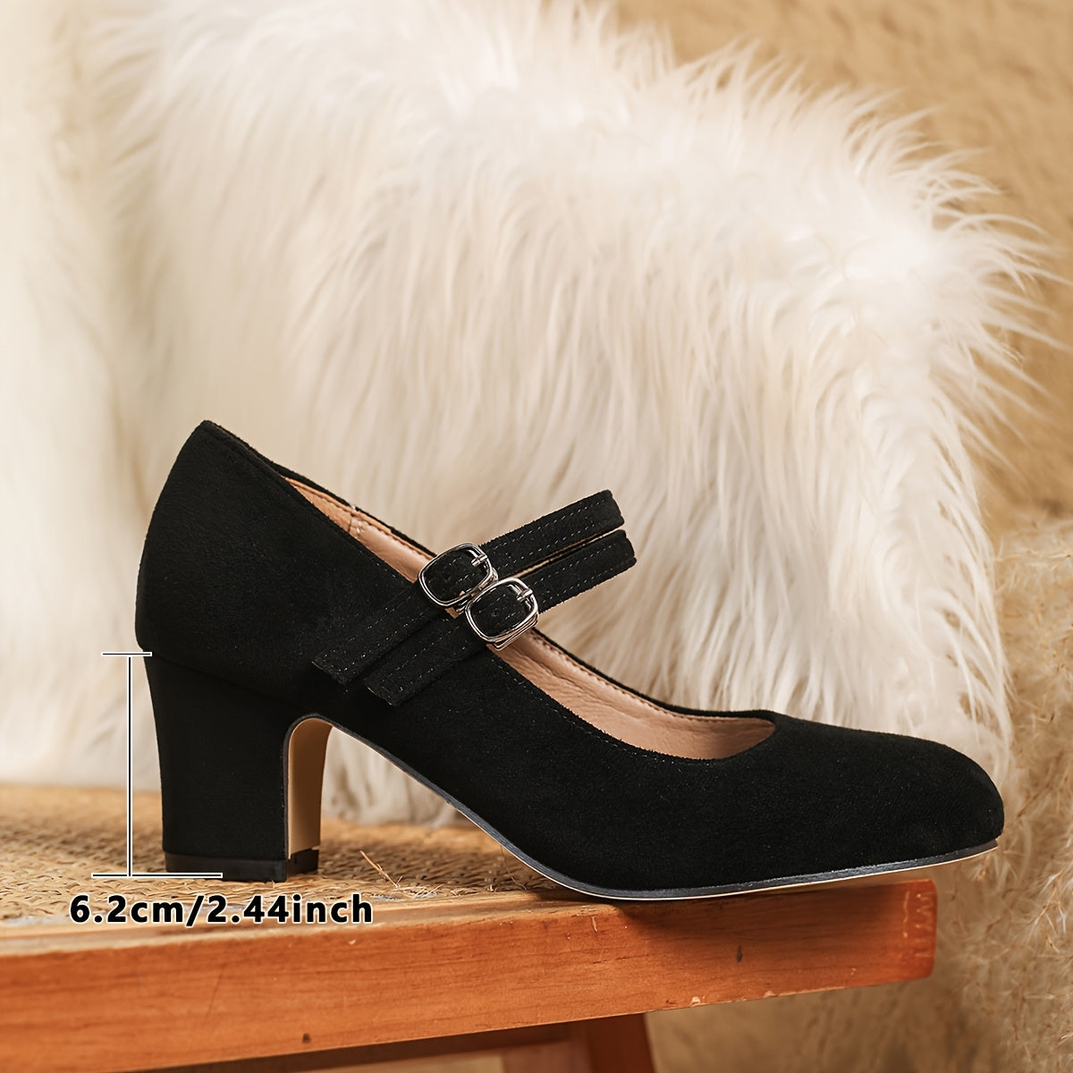 Women Vintage Mary Jane Chunky Heel Pumps Black Fabric Shoes