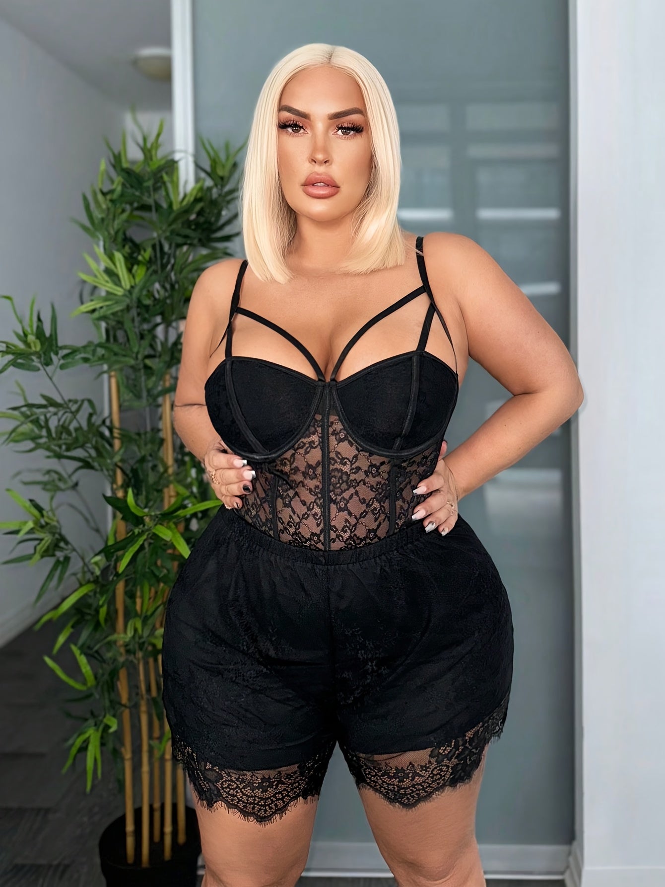 Plus Size Women's Lace-Trimmed Square Neck Jumpsuit Black Stretchy Polyester Spandex